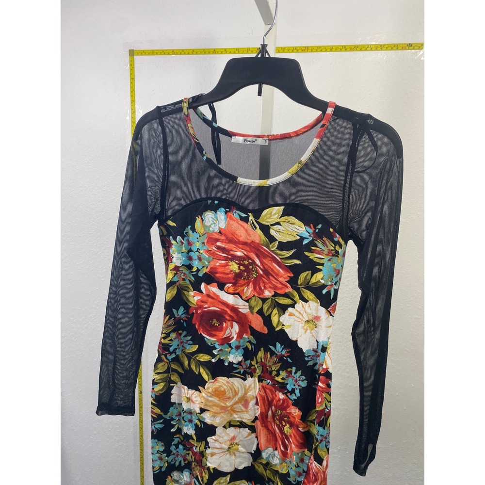 Papaya Floral Mesh Long Sleeve Bodycon Dress Black Red Sweetheart Size S‎